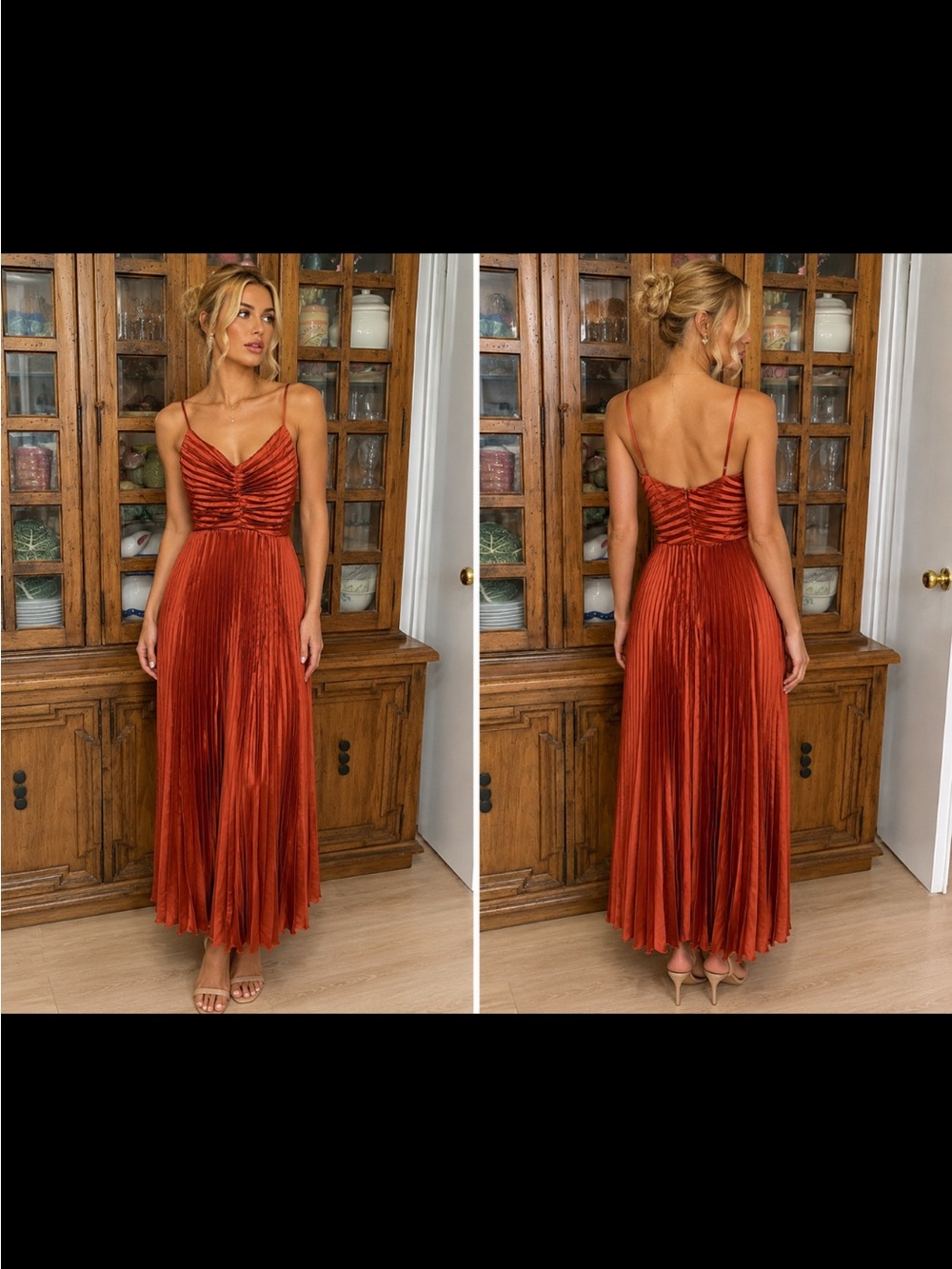 Petal & Pup Rust Pleated Spaghetti-Strap Midi Dress